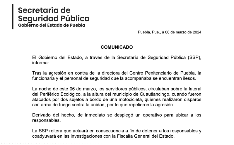 Gobierno del estado confirma ataque armado contra directora del Centro De Readaptación Social de San Miguel