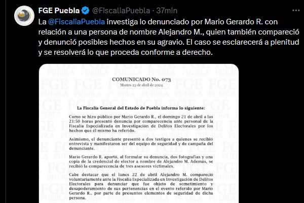La Fiscalía General del Estado de Puebla informa que presunto agresor de Mario Riestra afirma ser inocente
