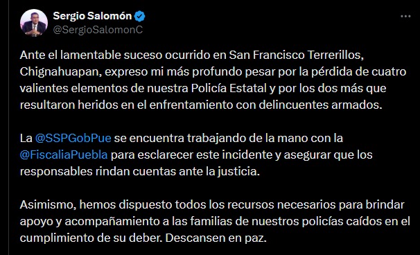 Condena el gobernador Sergio Salomón Céspedes la ejecución de 4 policías estatales en Chignahuapan