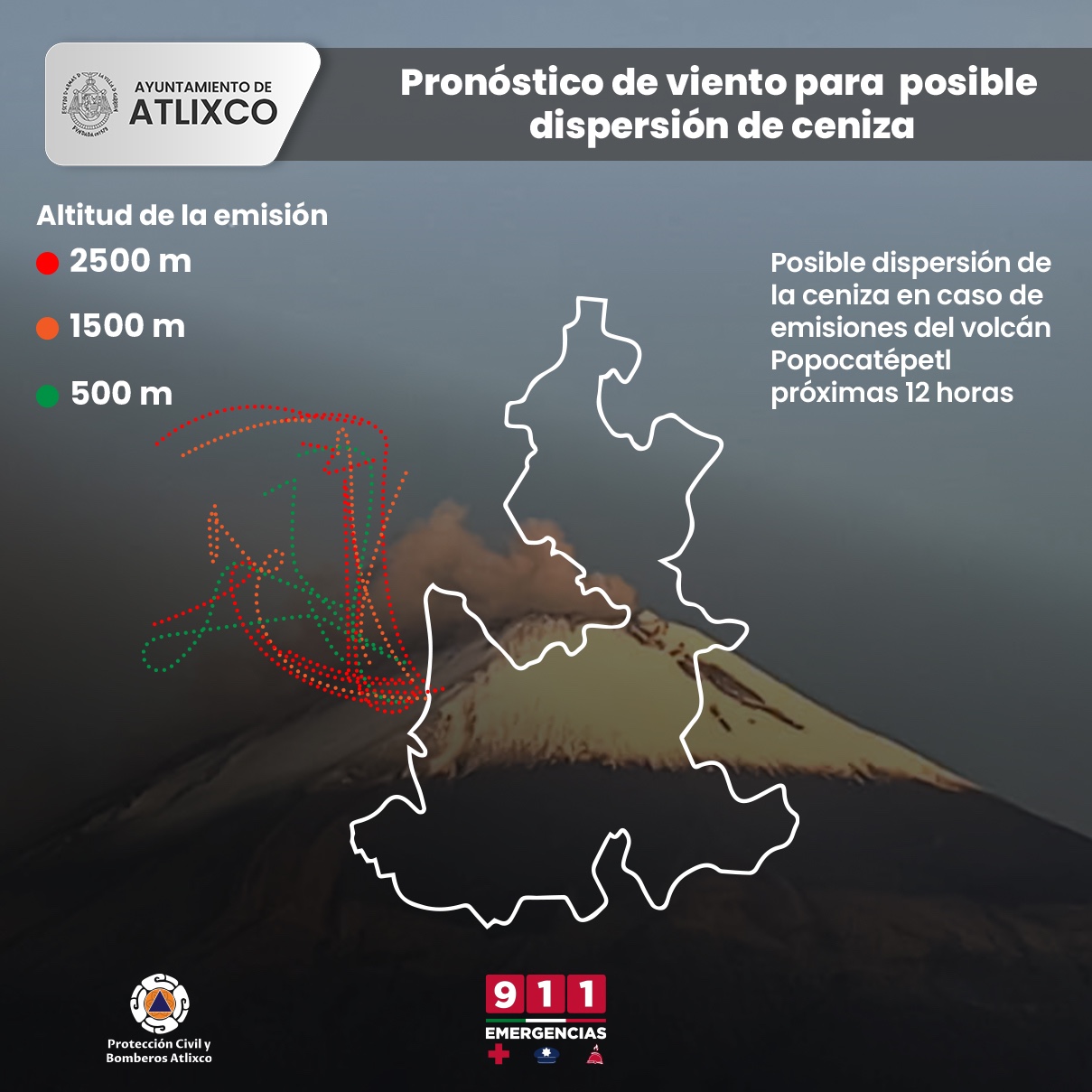 Ayuntamiento de Atlixco informa sobre la posible dispersión de ceniza