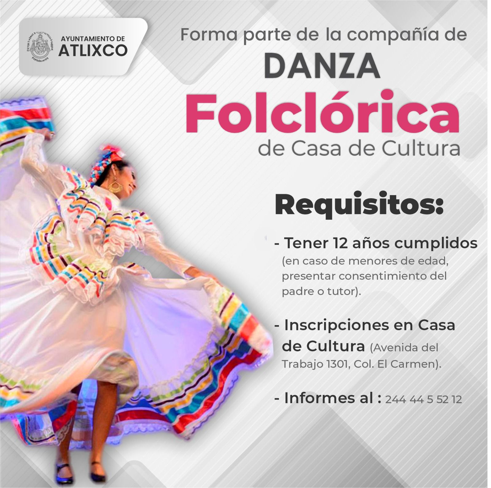 Casa de cultura Atlixco te invita a formar parte de la compañía de danza folclórica, Acapetlahuacan