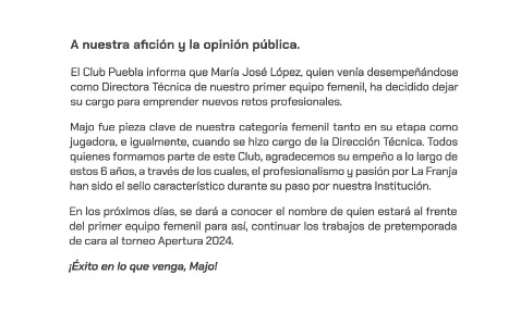 Majo López deja ser DT del Puebla Femenil