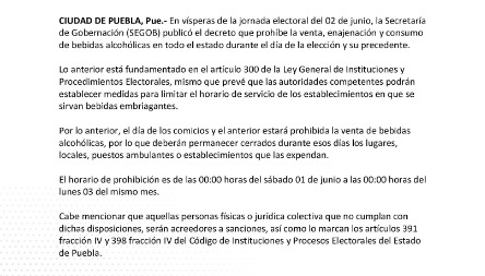 Informa la Segob que ya se publicó decreto de Ley Seca