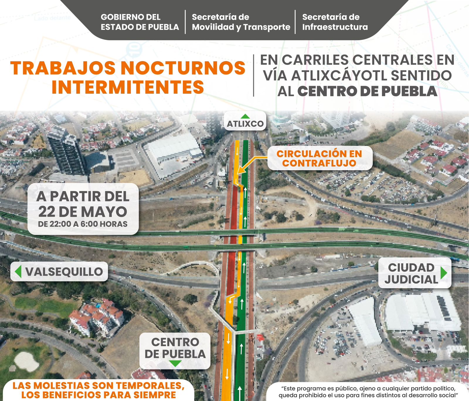 Habrá trabajos nocturnos de construcción en carriles centrales de Vía Atlixcáyotl