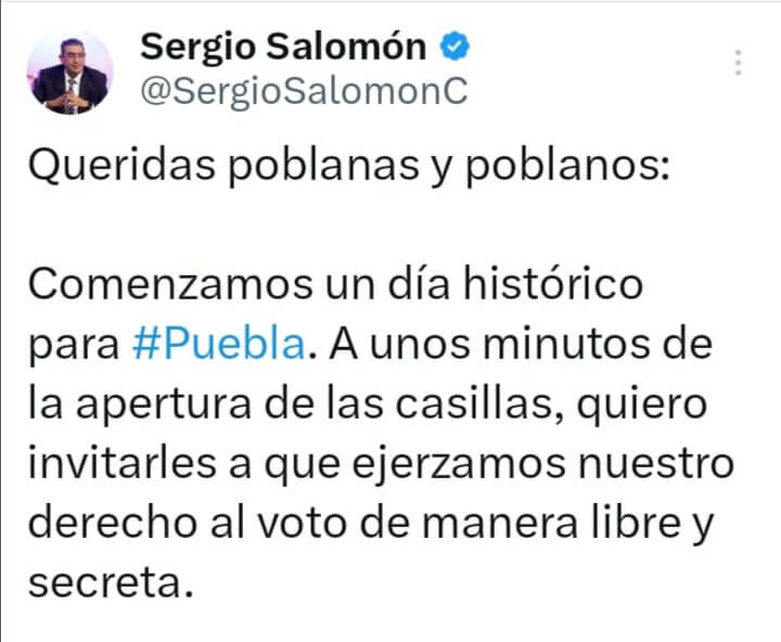 El gobernador Sergio Salomón Céspedes invita a los poblanos a salir a votar
