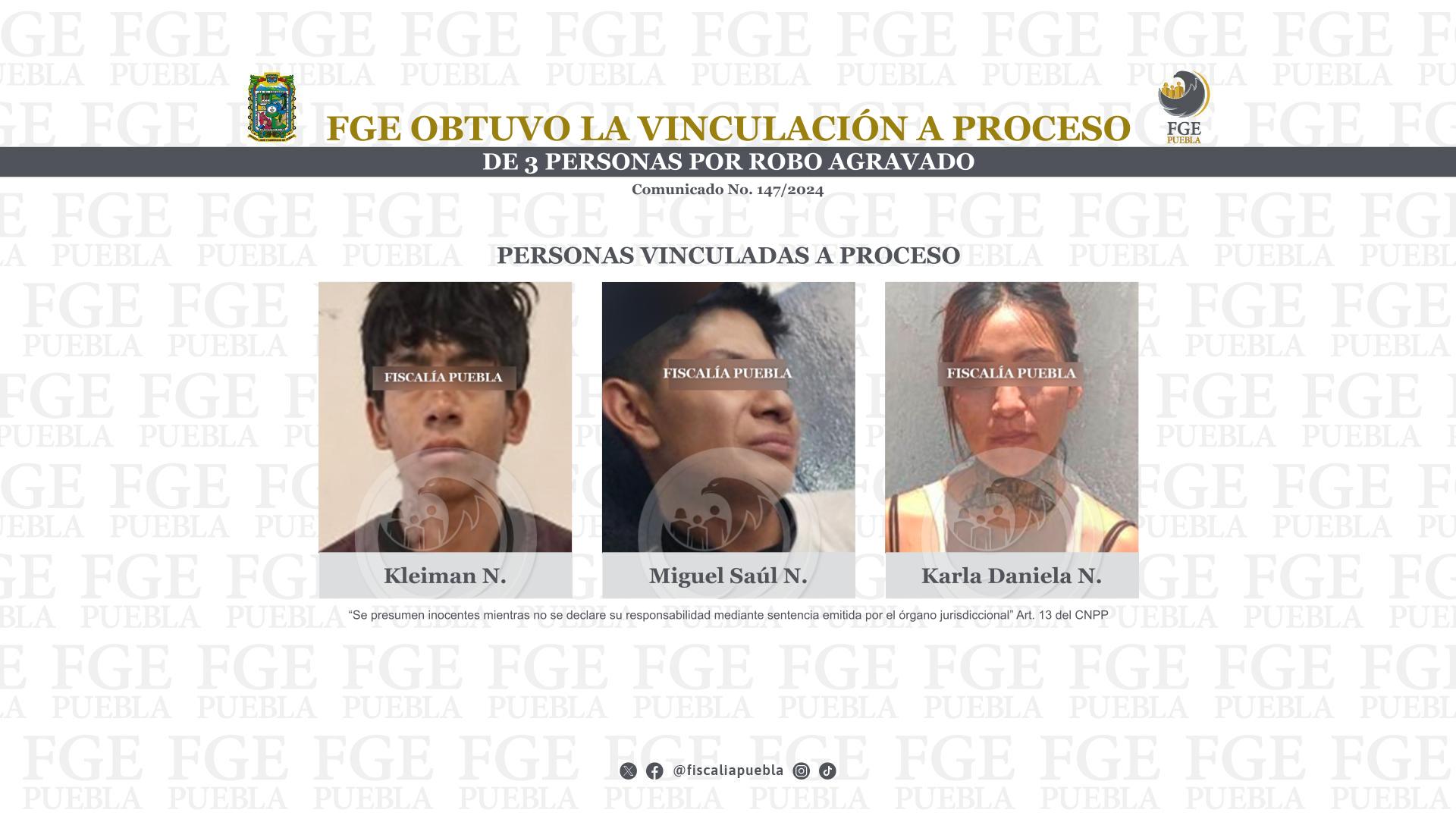 Vinculación a proceso de 3 personas por robo agravado