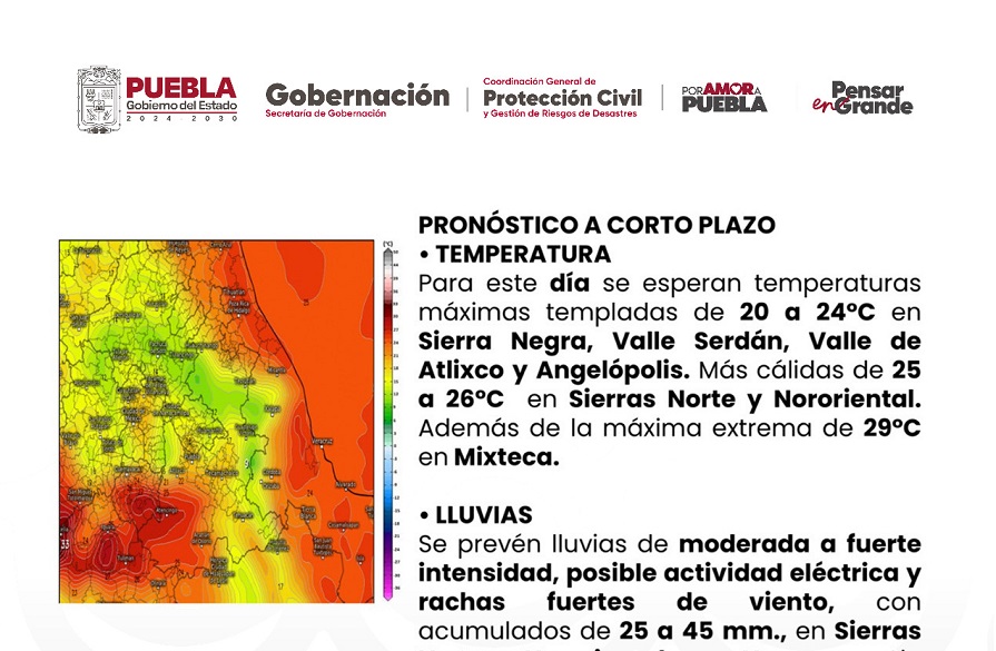 Frente frío 15 provocará descenso de temperatura y lluvias en Puebla