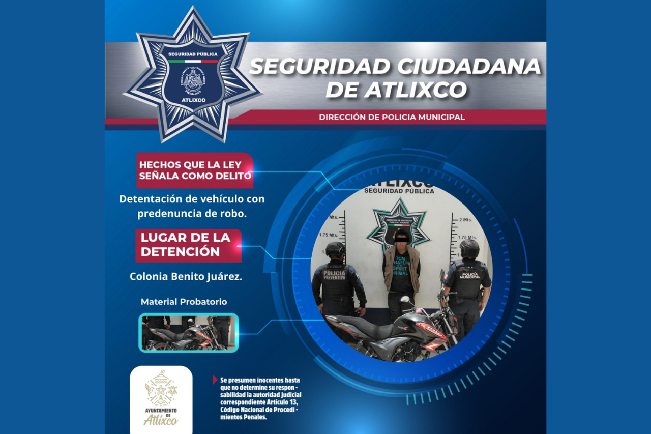 Policía de Atlixco recupera motocicleta con reporte de robo