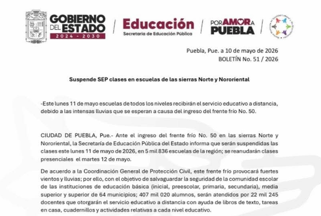 Por frente frío suspenderán clases presenciales en sierras Norte y Nororiental