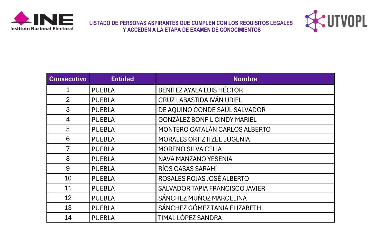 INE valida a 14 aspirantes del periodo adicional para presidencia y consejería del IEE Puebla
